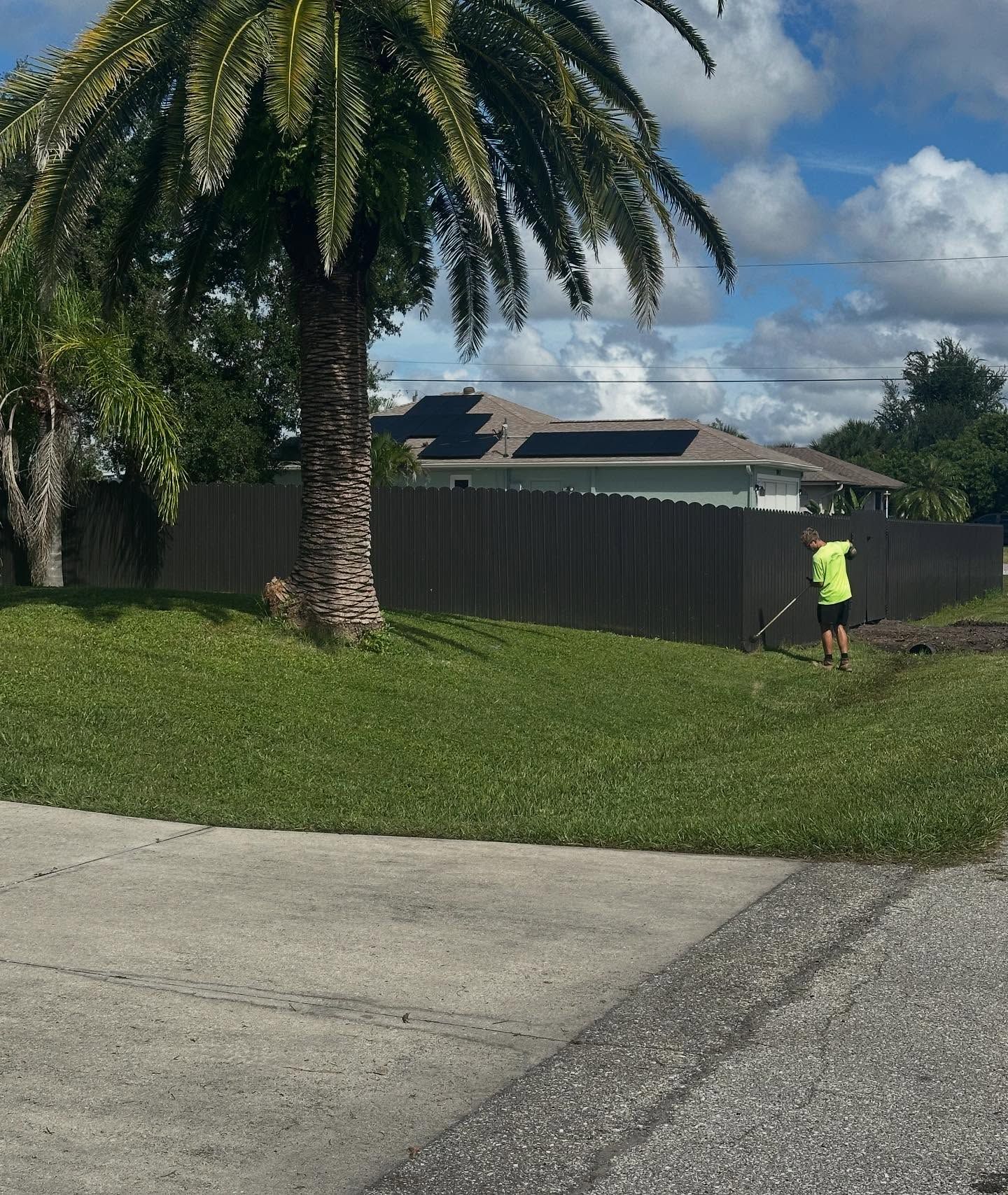Person in neon shirt mowing grass by a dark fence, with a palm tree and cloudy sky nearby.