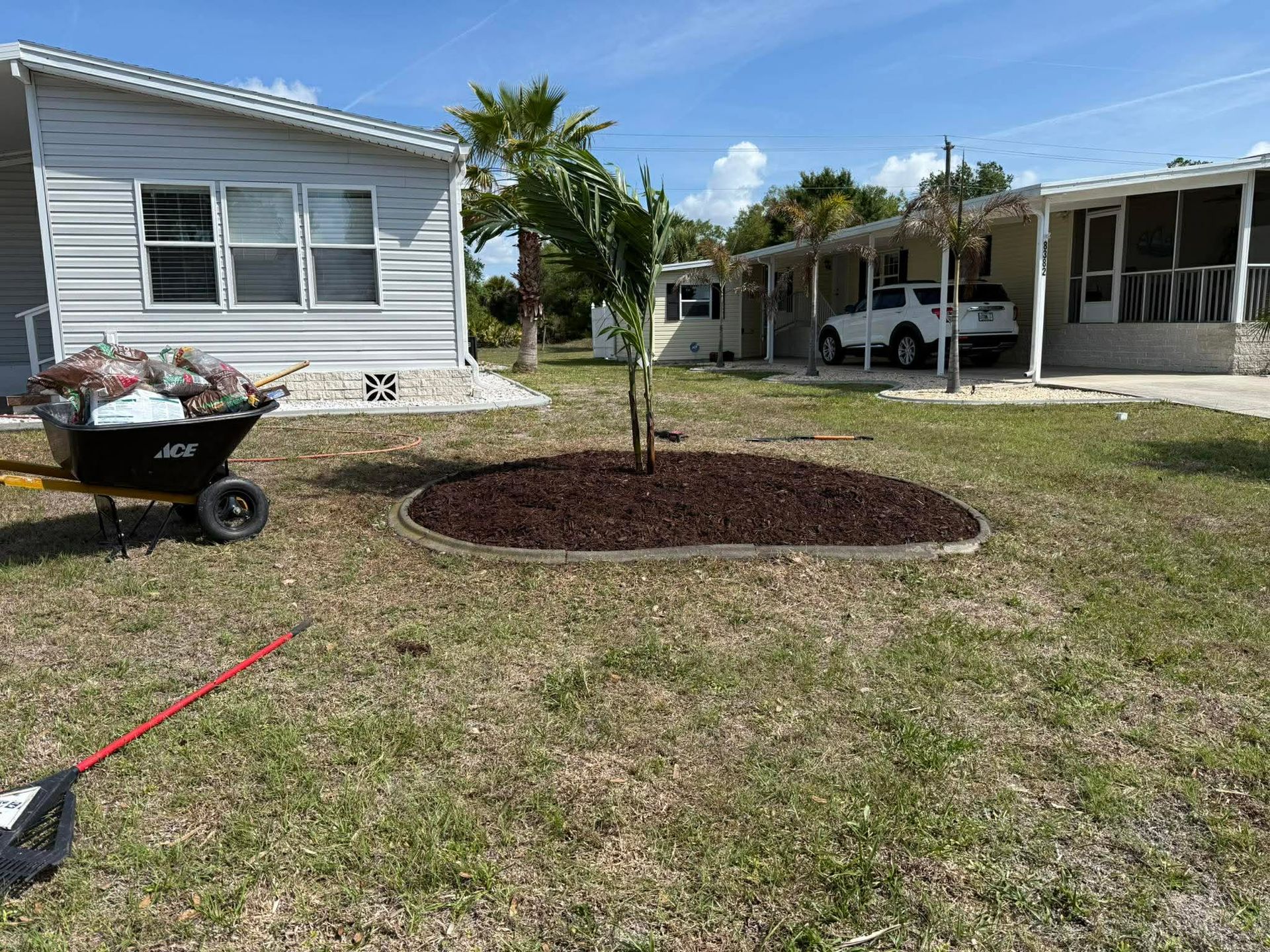Mobile home yard with palm tree, wheelbarrow, and carport under a clear blue sky