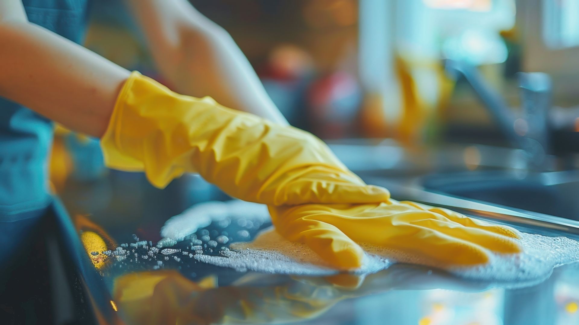Move-out house cleaning worker scrubbing a kitchen surface with gloves and cleaning solution.
