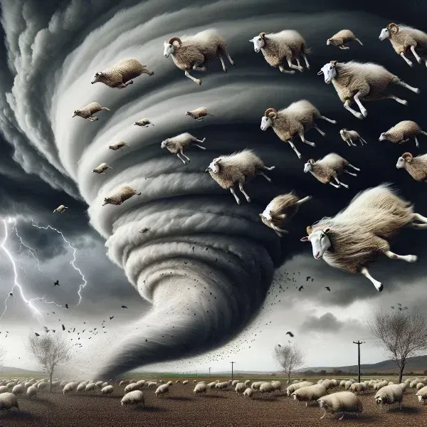 A flock of sheep flying around in a tornado