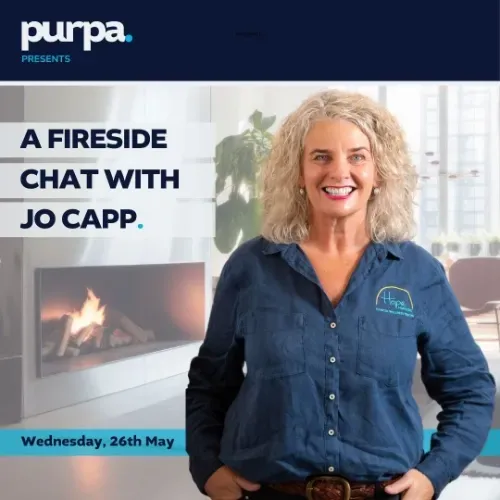 A poster for purpa presents a fireside chat with jo capp.