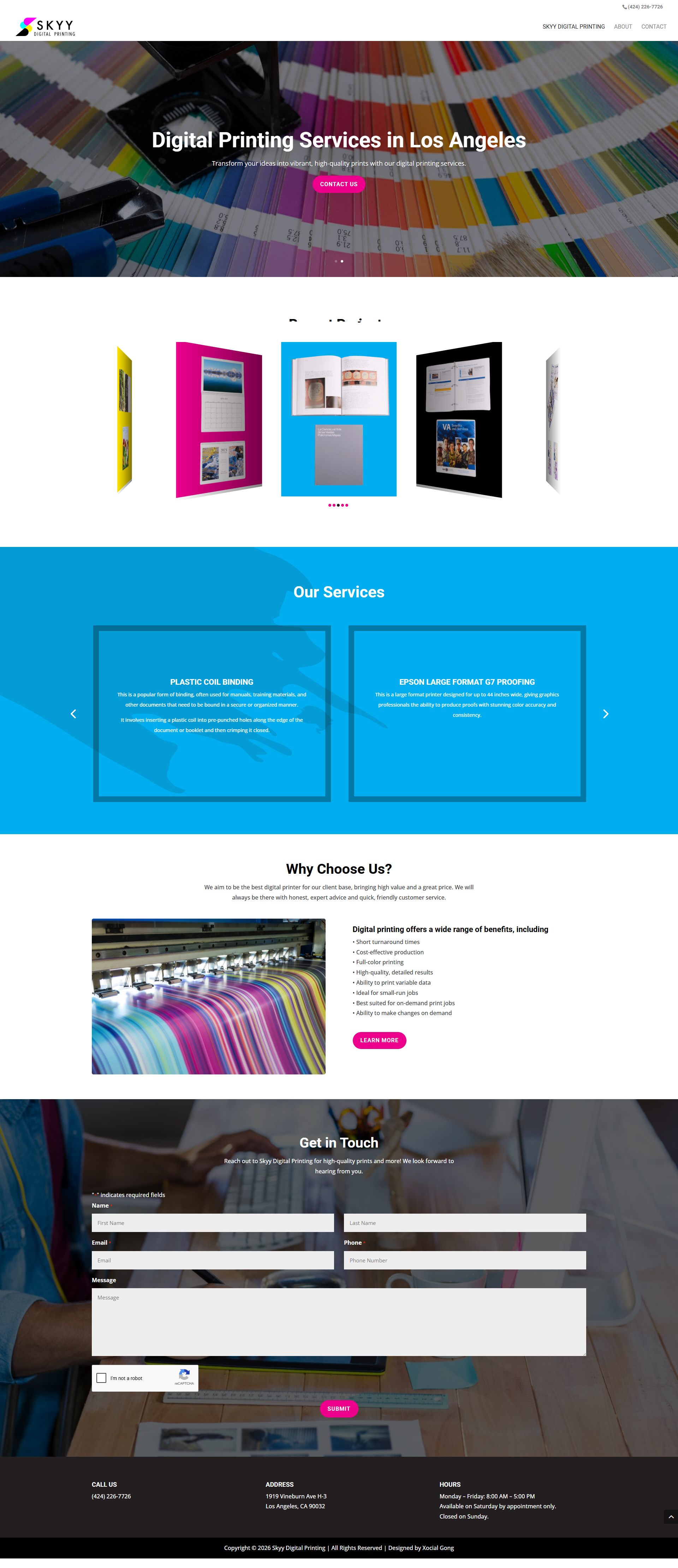 Mobile app landing page with blue feature cards, device mockups, and a photo gallery section