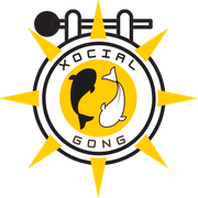 Xocial Gong logo with black and gold gong inside a circular sunburst emblem
