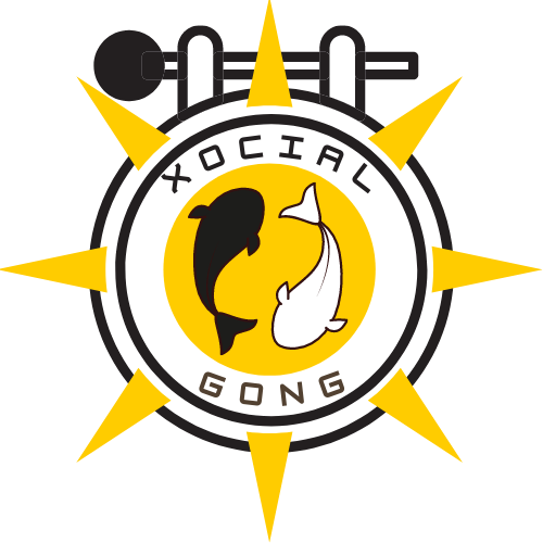 Xocial Gong logo with black and gold gong inside a circular sunburst emblem