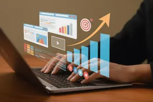 Hands typing on laptop with floating analytics charts and target icon overlay