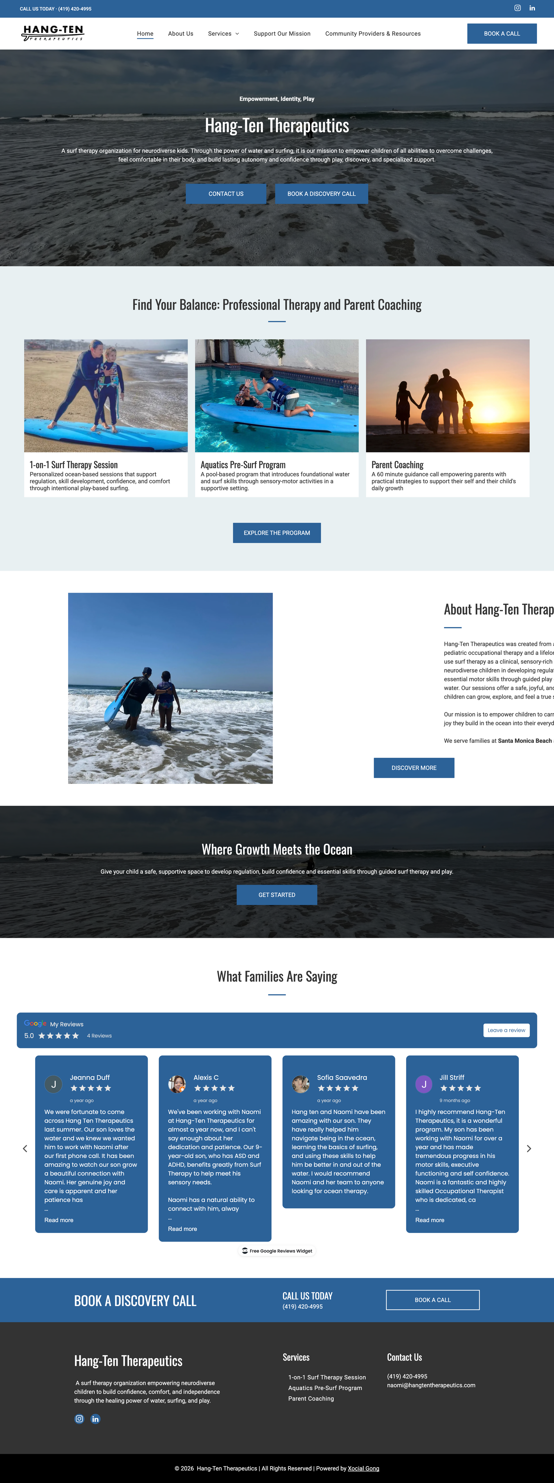 Website homepage mockup with blue header, travel photos, service cards, and a dark footer section.