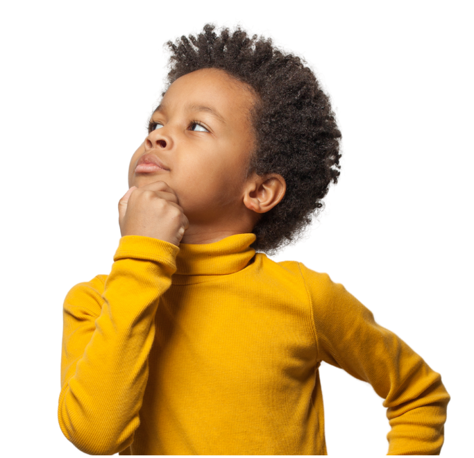 Young child with curly hair, wearing yellow turtleneck, gazing upward thoughtfully.