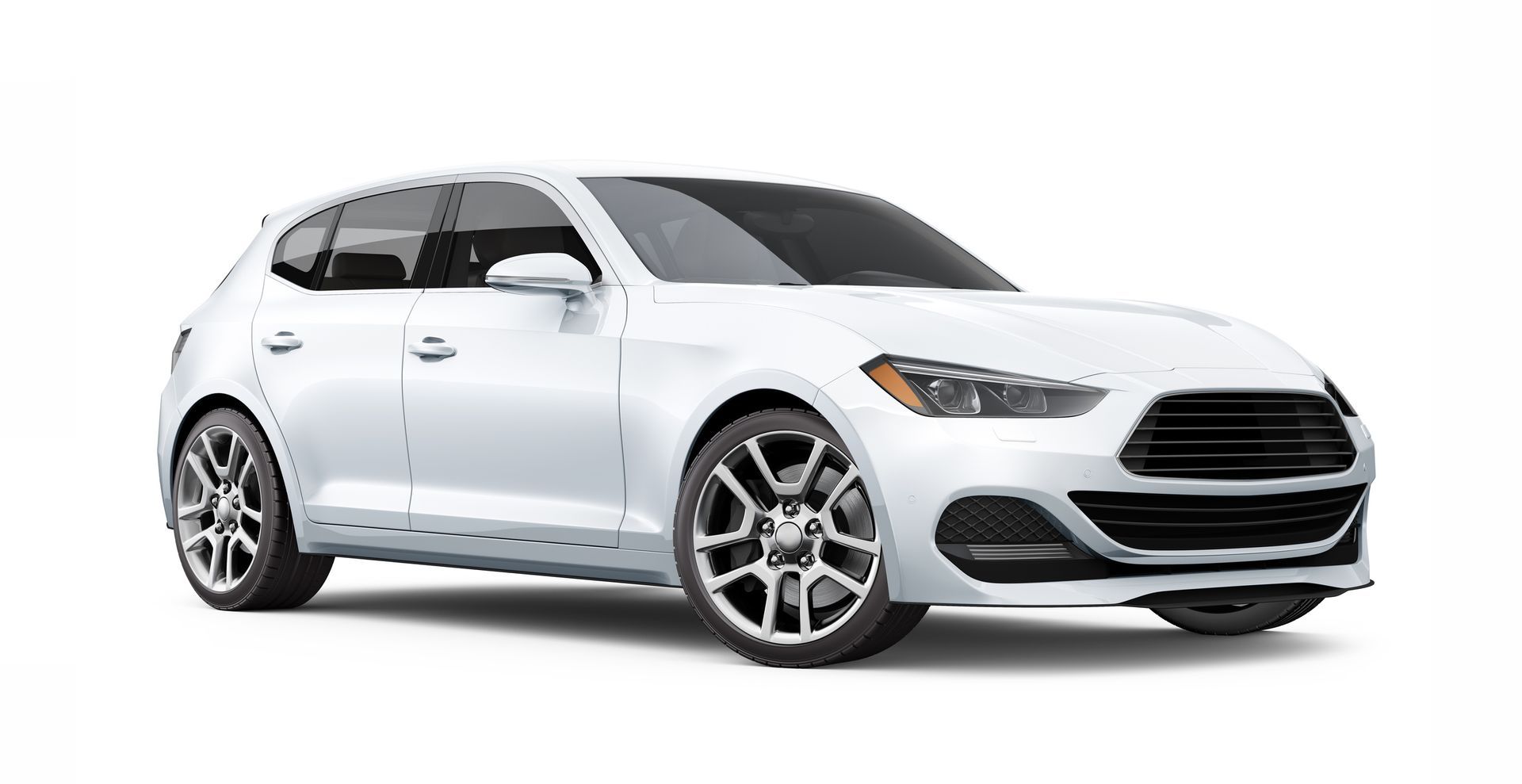 A white car with black wheels is on a white background.