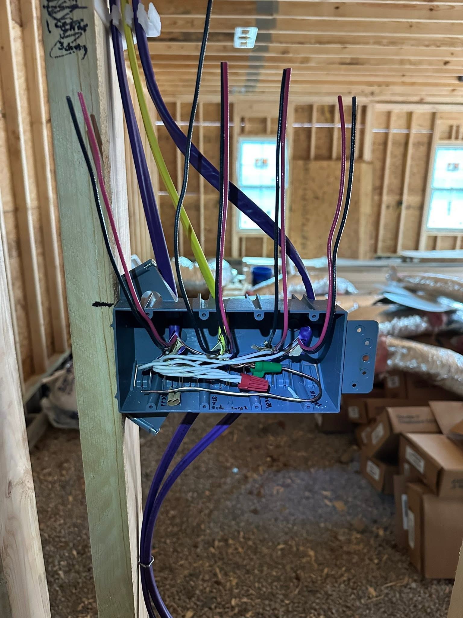 Electrical wiring panel with multicolored cables inside an unfinished wooden room