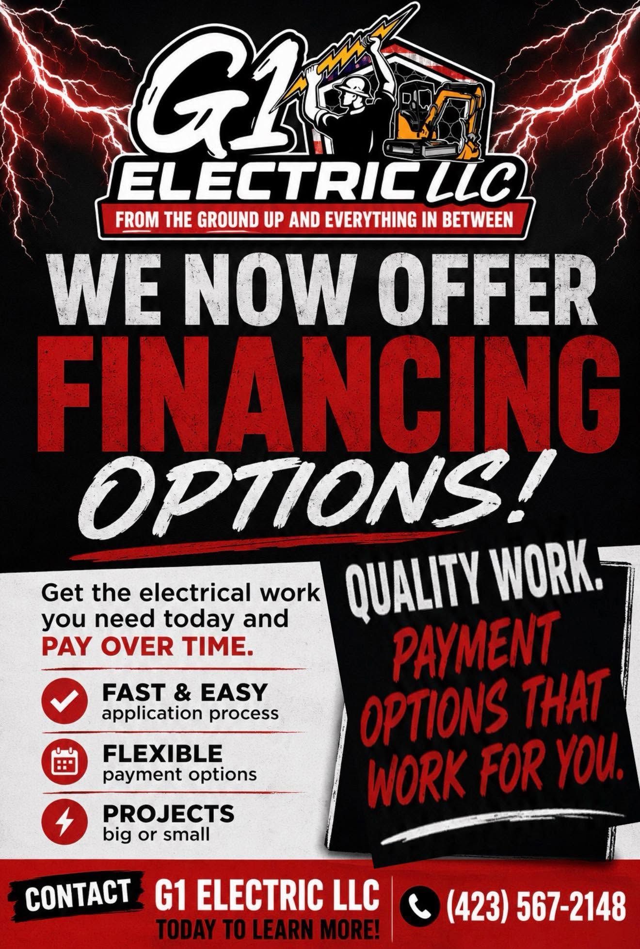 G1 Electric LLC ad announcing financing options, with red, black and white text and payment option highlights