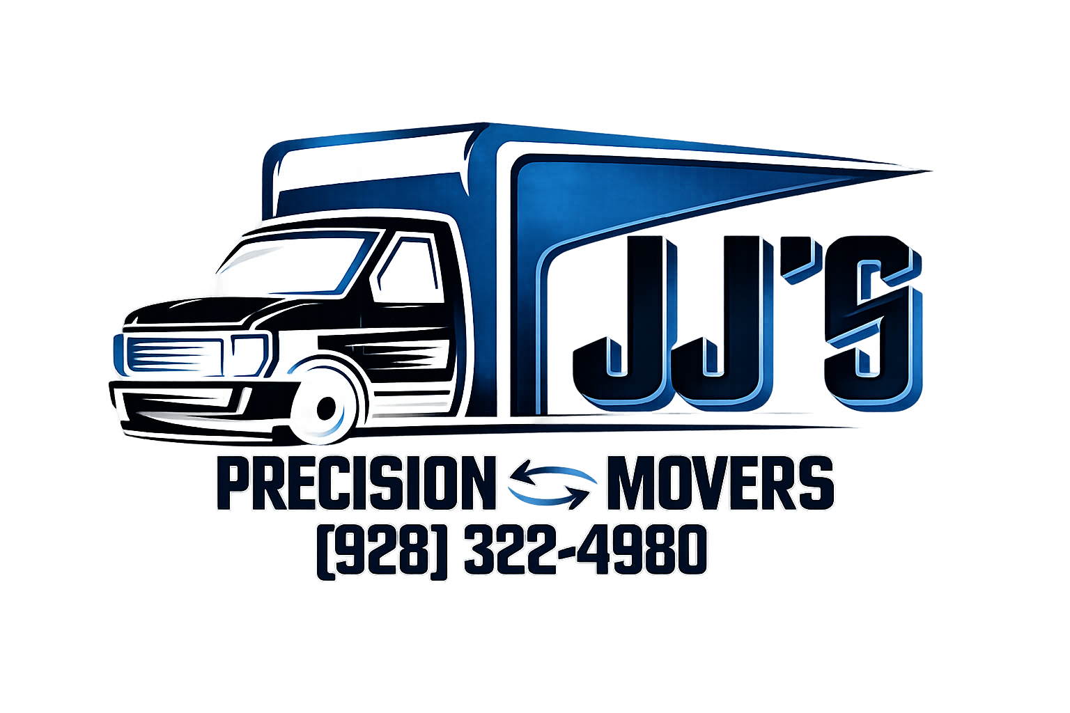 Logo for JJ's Precision Movers featuring a stylized blue and black moving truck, company name, and phone number (928) 322-4980.