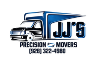 Logo for JJ's Precision Movers featuring a stylized blue and black moving truck and the phone number (928) 322-4980.