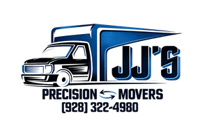 Logo for JJ's Precision Movers featuring a stylized blue and black moving truck, company name, and phone number (928) 322-4980.