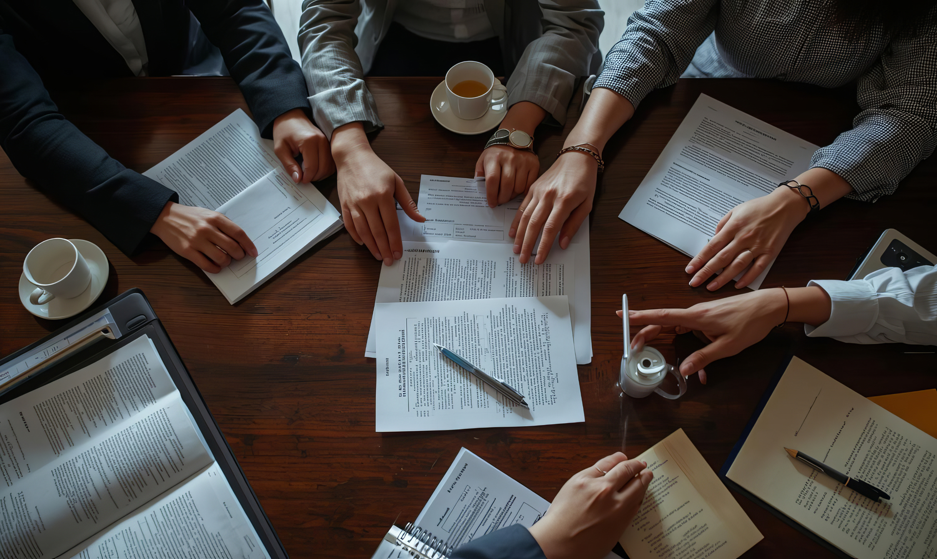 Hands of people around a table, reviewing documents, with coffee cups and a pen.