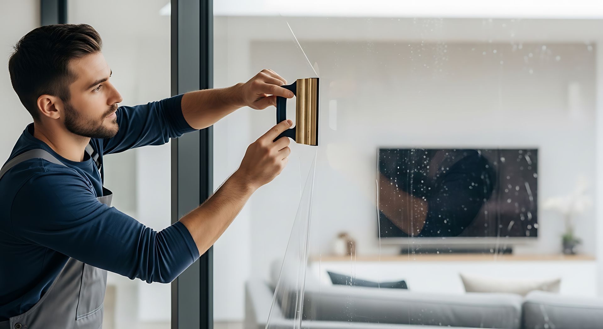 A technician applies window tint with a squeegee, showcasing residential window tinting services.