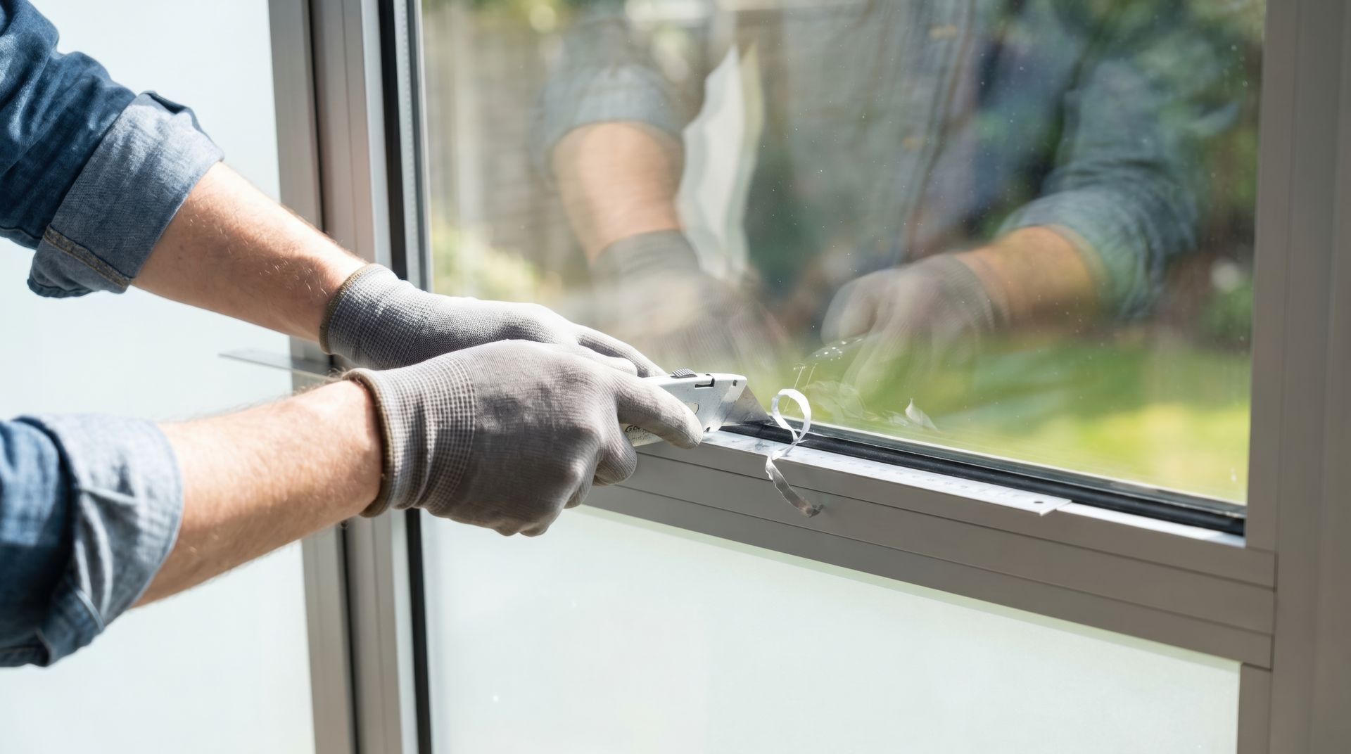 Gloved hands installing a window frame with a screwdriver indoors
