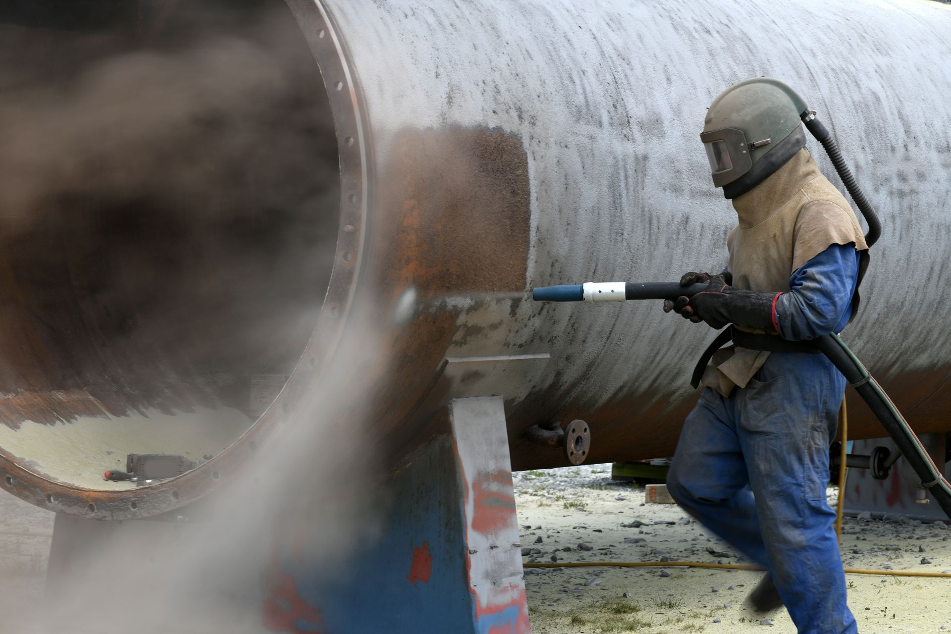 Person in Protective Gear Sandblasting a Large Cylindrical — Phoenix Protective & Marine Coating Specialists in Woree, QLD