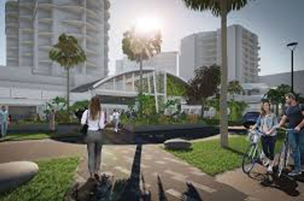 Park Scene With People, Buildings, Greenery, and Cyclists — Phoenix Protective & Marine Coating Specialists in Woree, QLD