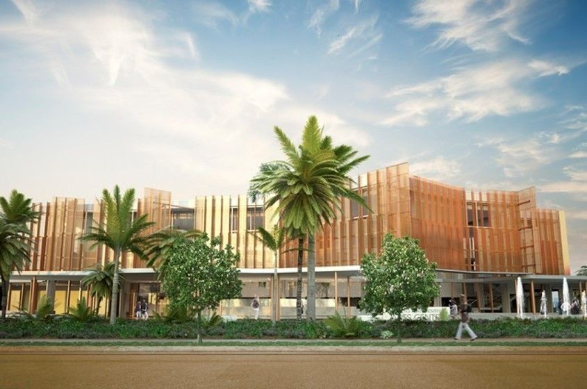 Modern Building With Wooden Facade and Palm Trees in Front — Phoenix Protective & Marine Coating Specialists in Woree, QLD