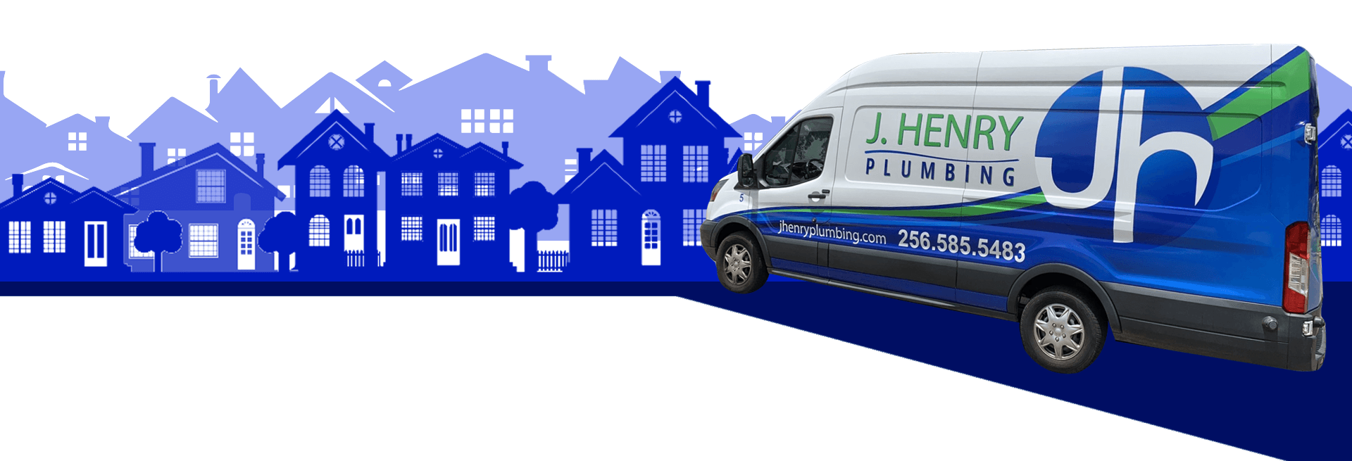 A henry plumbing van is parked in front of a row of houses