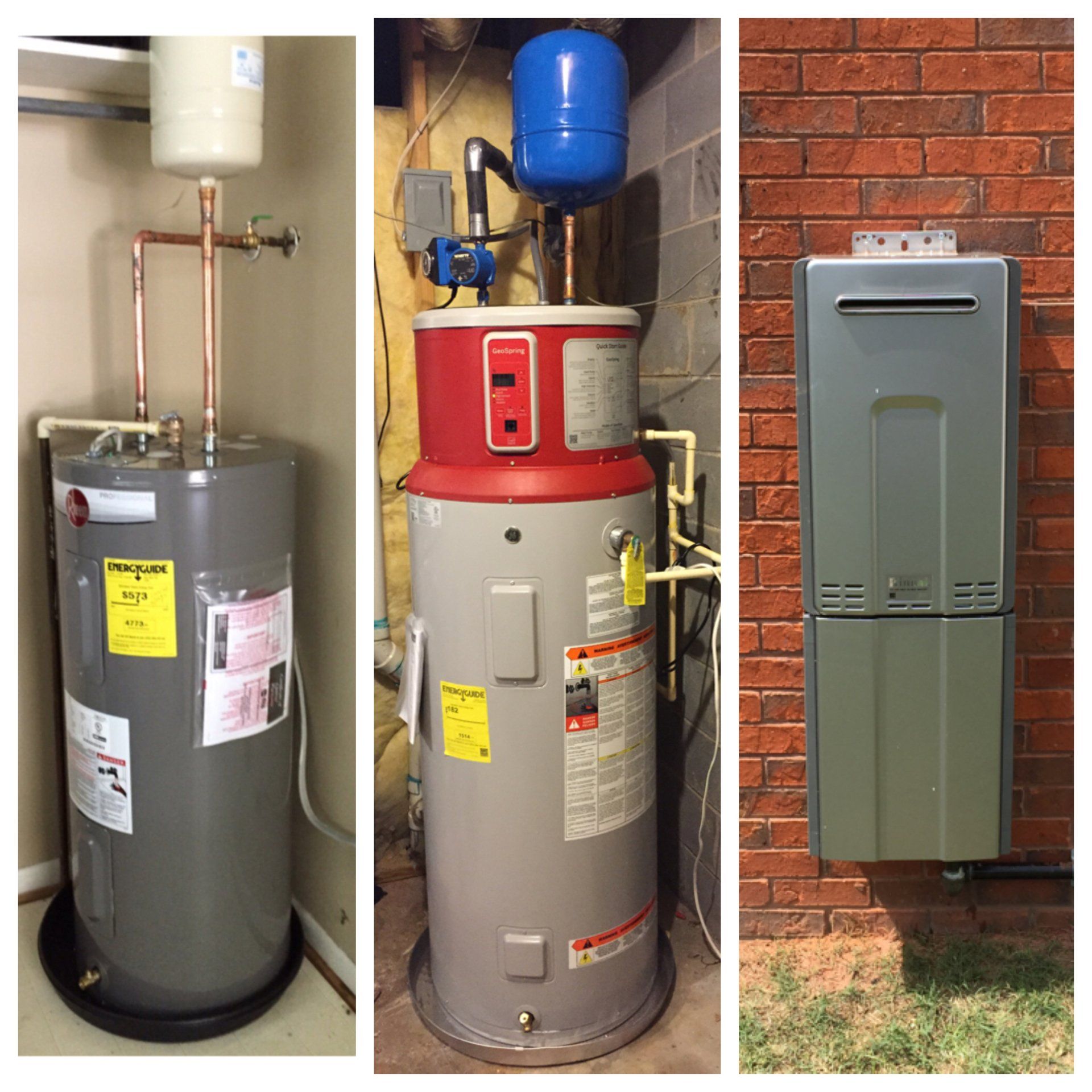 Three different types of water heaters are shown in a collage