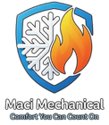 Maci Mechanical logo with blue shield, snowflake and flame, “Comfort You Can Count On” text