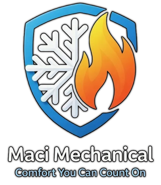 Maci Mechanical logo with blue shield, snowflake and flame, &ldquo;Comfort You Can Count On&rdquo; text