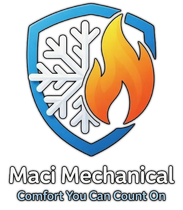 Maci Mechanical logo with blue shield, snowflake and flame, “Comfort You Can Count On” text