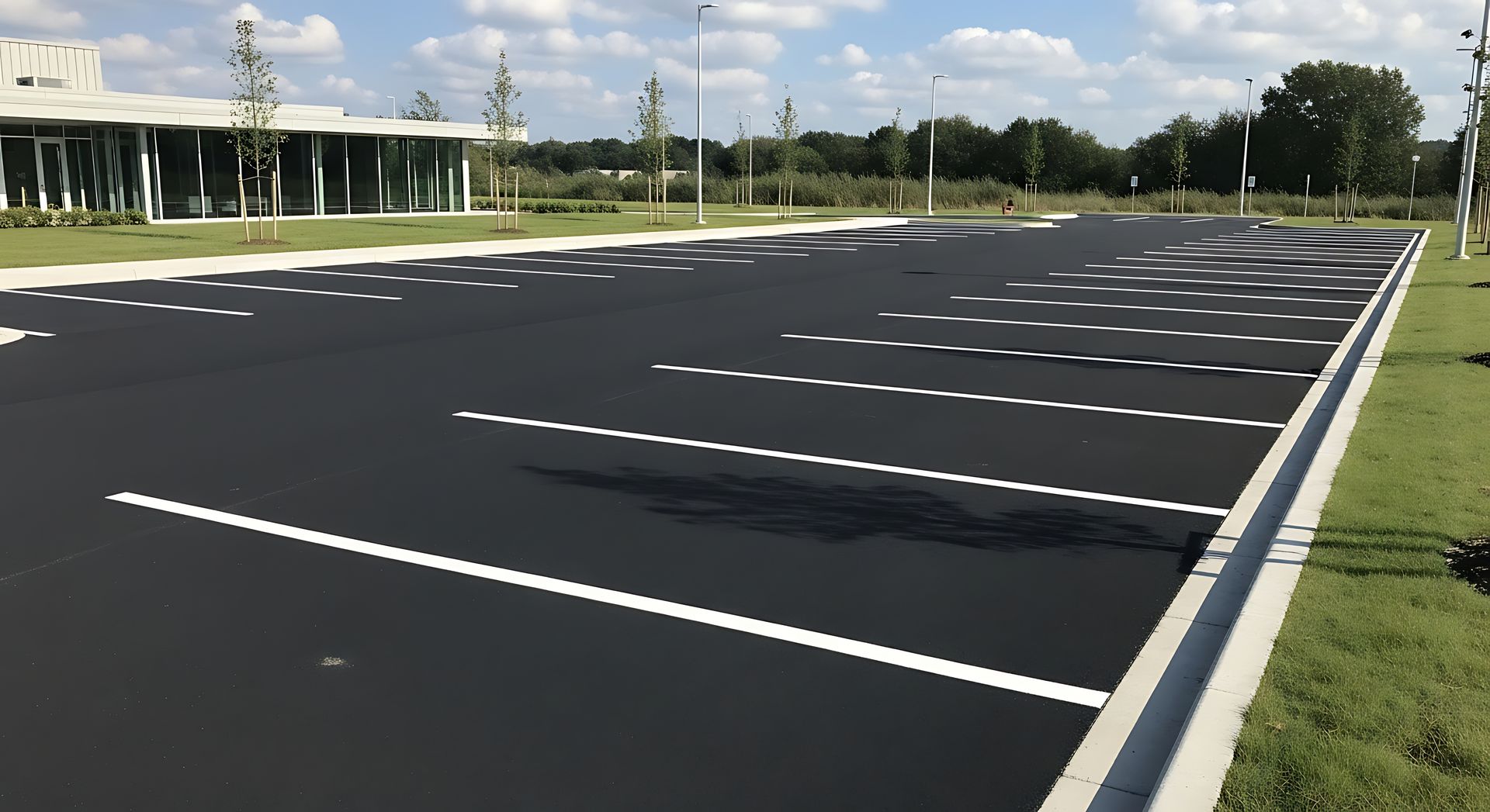 Newly paved asphalt lot with fresh white striping near a glass office after parking lot expansion.