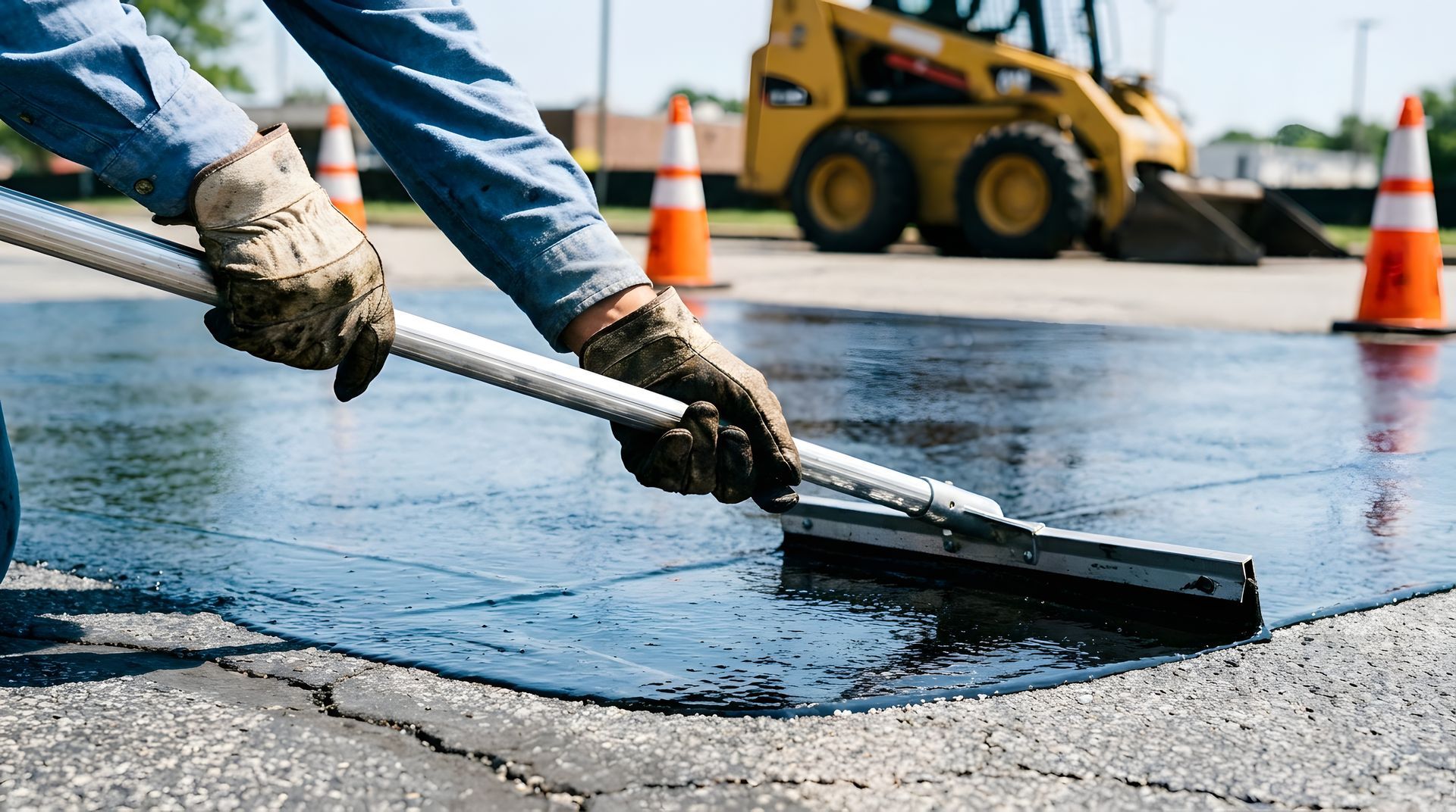 Gloved worker spreading asphalt sealcoating with a squeegee across a cracked, sun-lit parking lot.