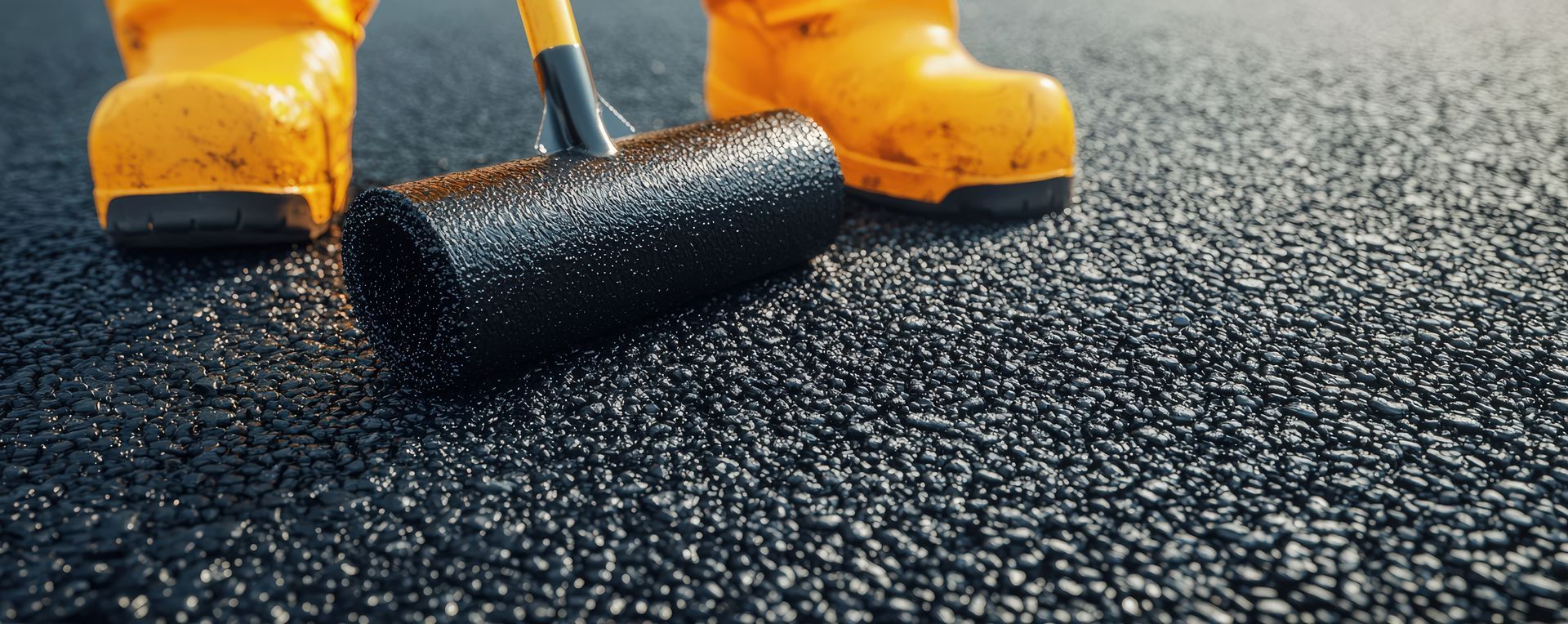 Close-up of a roller applying black sealcoat to newly paved asphalt.