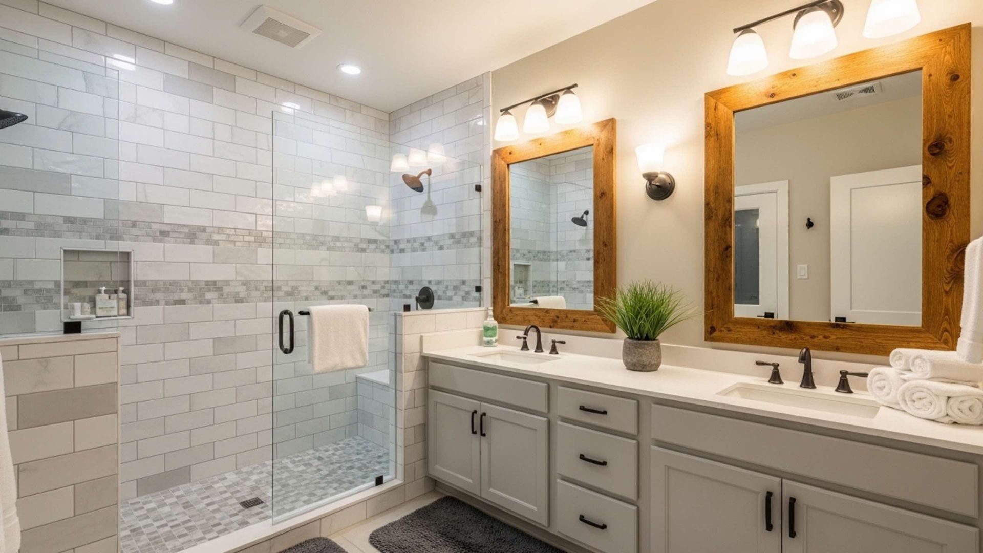 Bathroom with white and gray tile, double vanity with wood-framed mirrors, glass shower.