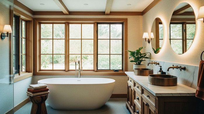Bathroom with large windows, freestanding tub, wooden vanity, round mirrors, and sconces.