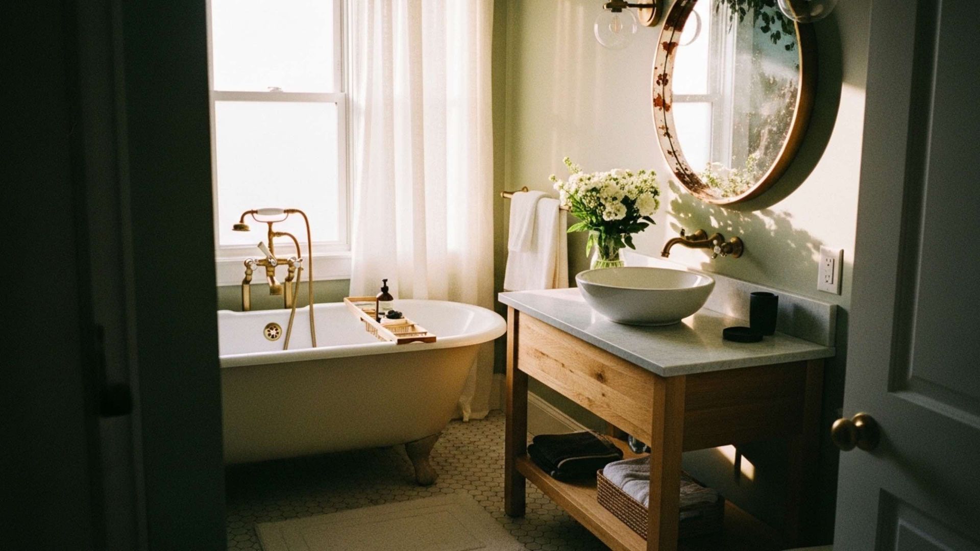 A bright, sunlit bathroom with a clawfoot tub, gold faucet, wooden vanity with a vessel sink, and a round wall mirror.