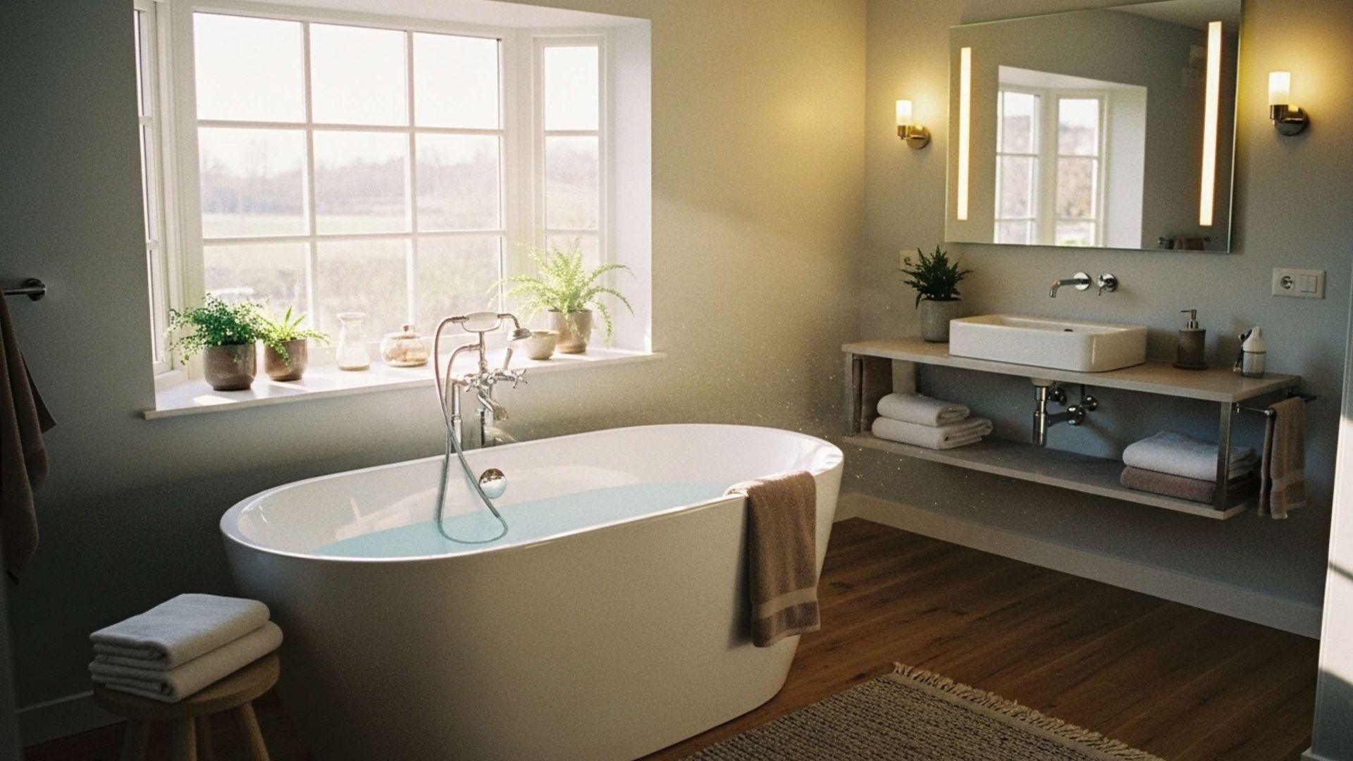 A light-filled bathroom features a white oval freestanding tub, a wooden vanity with a vessel sink, and a large mirror.