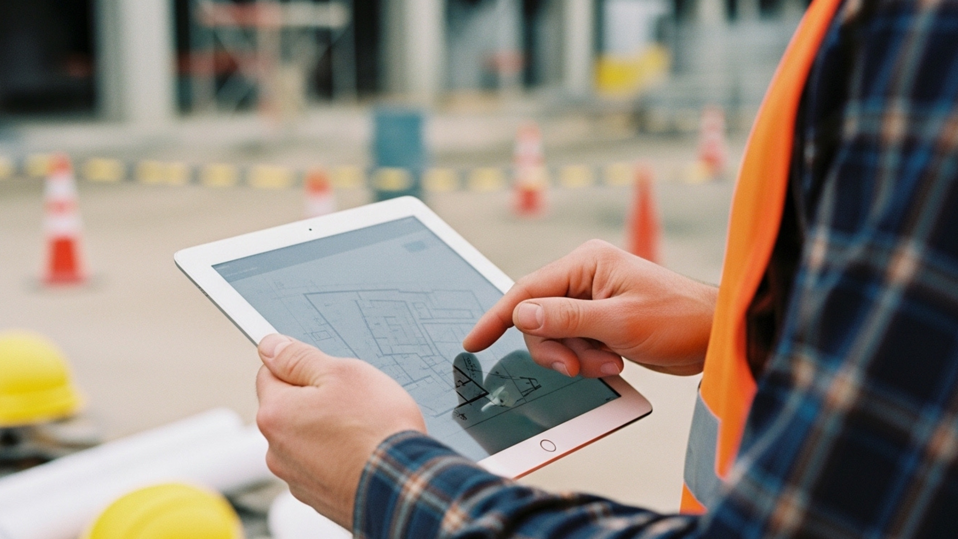 Construction worker in orange vest, using tablet with blueprints, on a construction site.