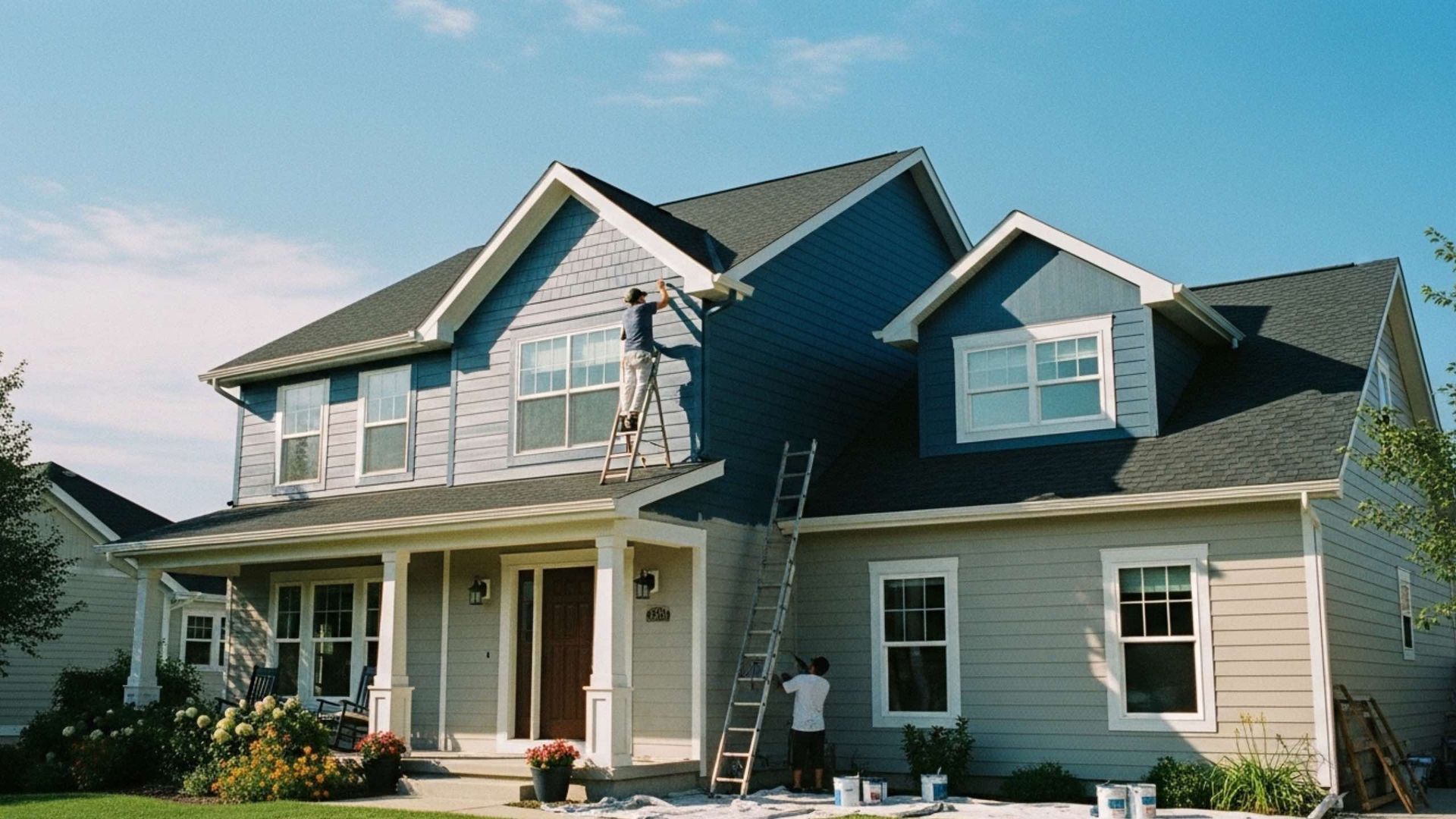 House being painted blue and gray with two workers on ladders.
