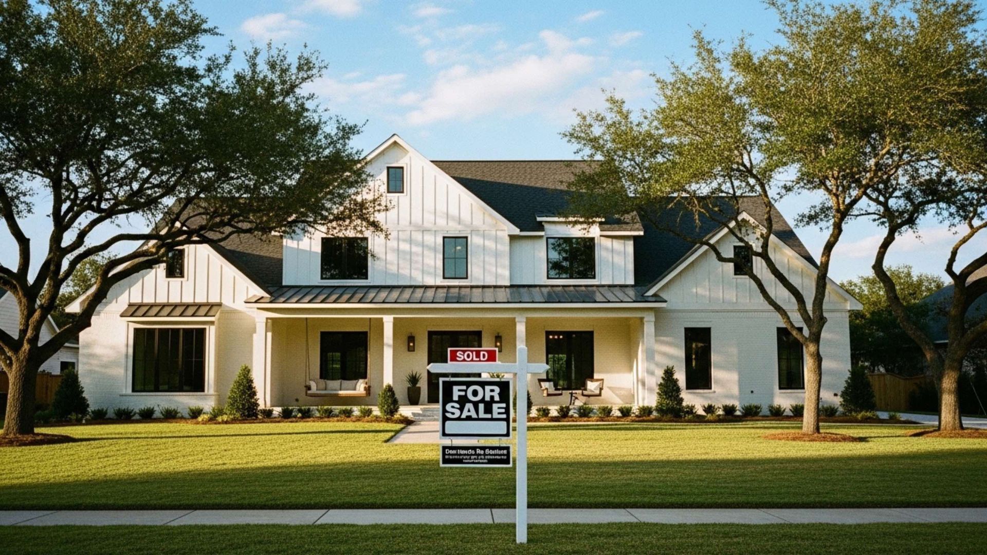 A two-story white house with a black roof and large trees on a green lawn, featuring a
