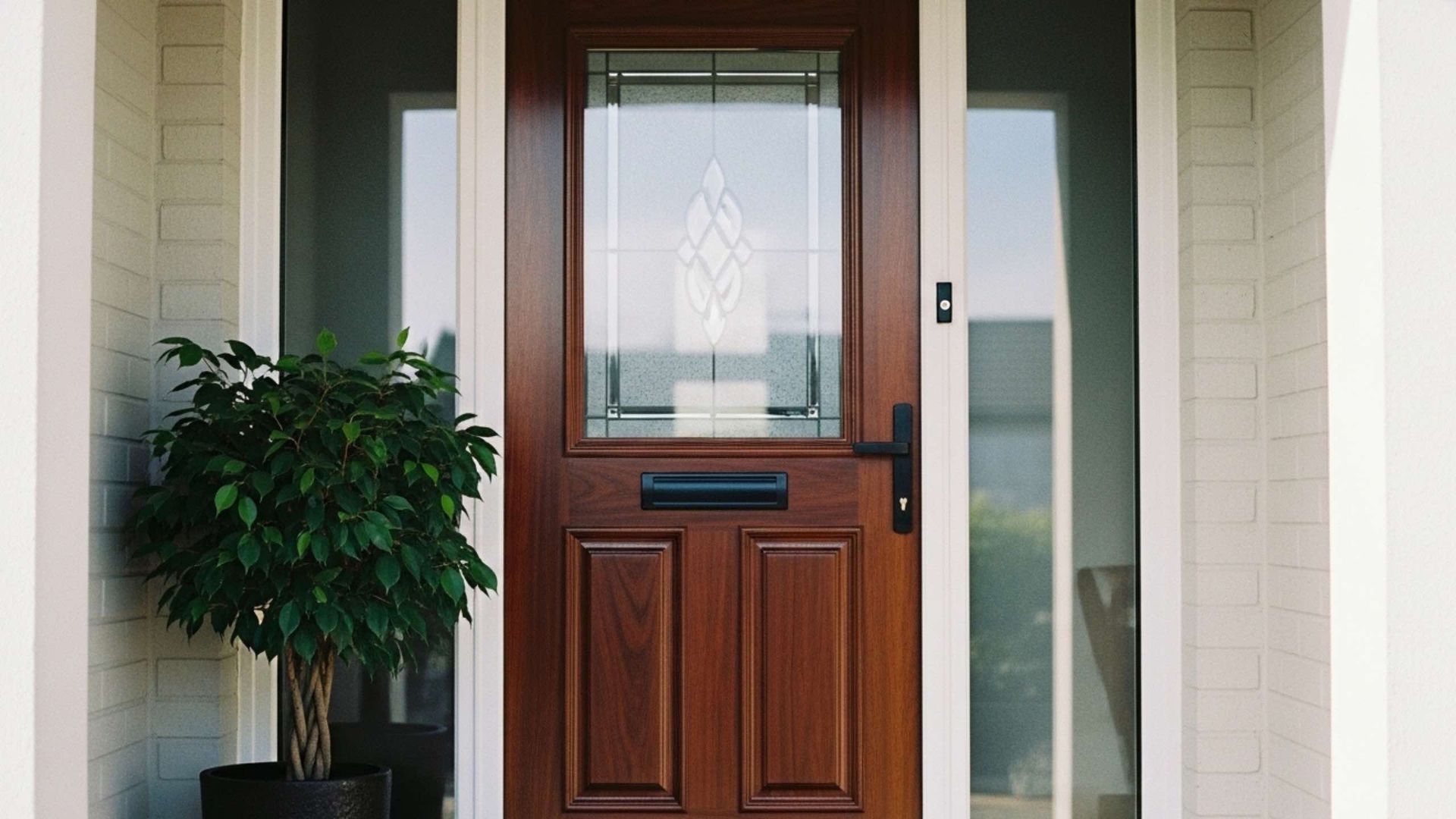 A dark wood front door with a glass pane, a letter slot, and a black handle, framed by white molding and a potted plant.