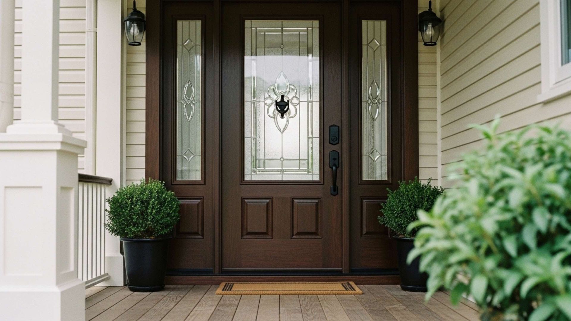 A dark brown wooden front door with a glass panel and two side lights, flanked by potted shrubs on a covered porch.