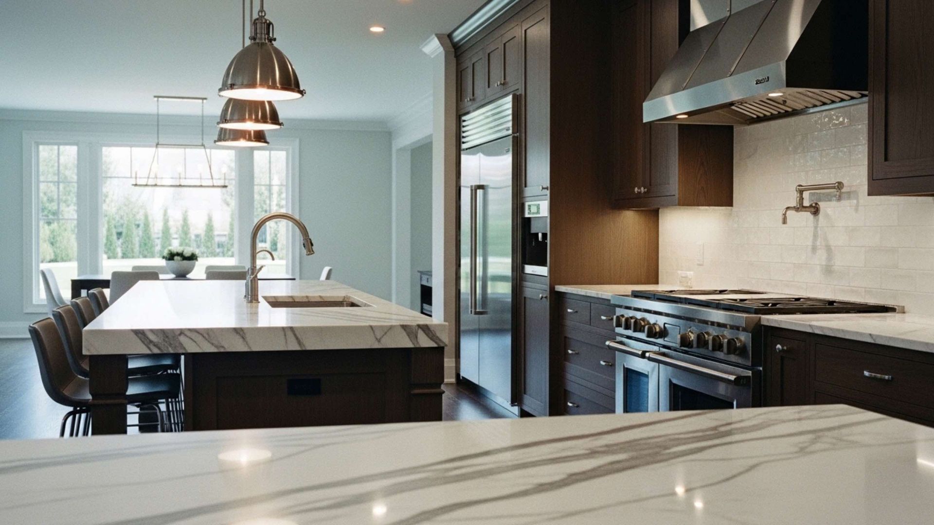 A modern kitchen features dark wood cabinets, white marble countertops, a large center island, and stainless appliances.