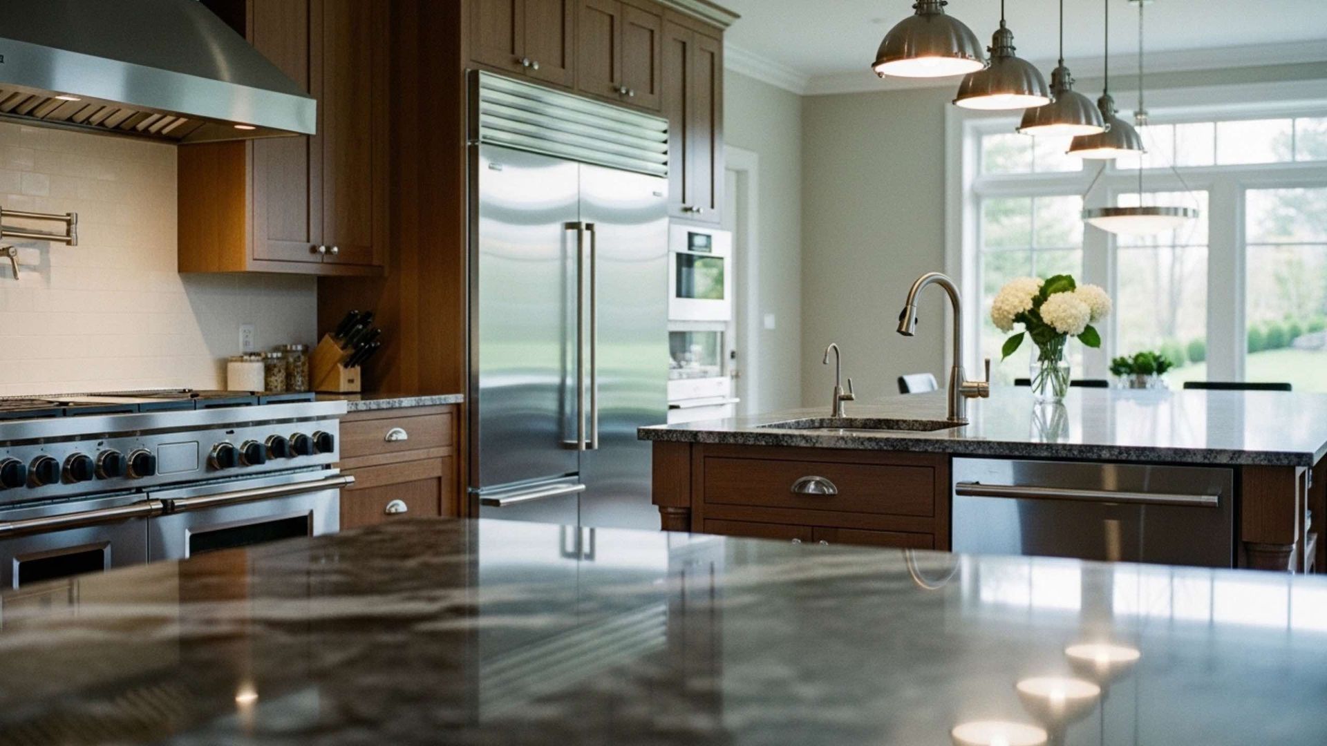 Modern kitchen with white cabinets, dark island countertop, stainless steel appliances, and pendant lights.