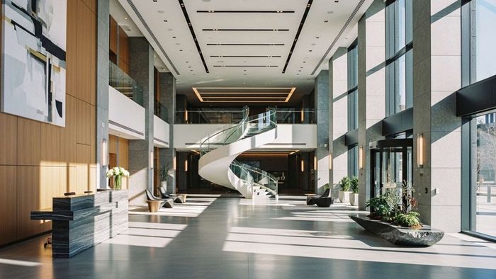 Spacious modern lobby with spiral staircase, large windows, and plants. Light reflects on the floor.