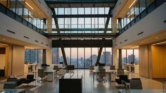 Open-plan office with multiple desks, large windows overlooking a city, and upper-level walkways.