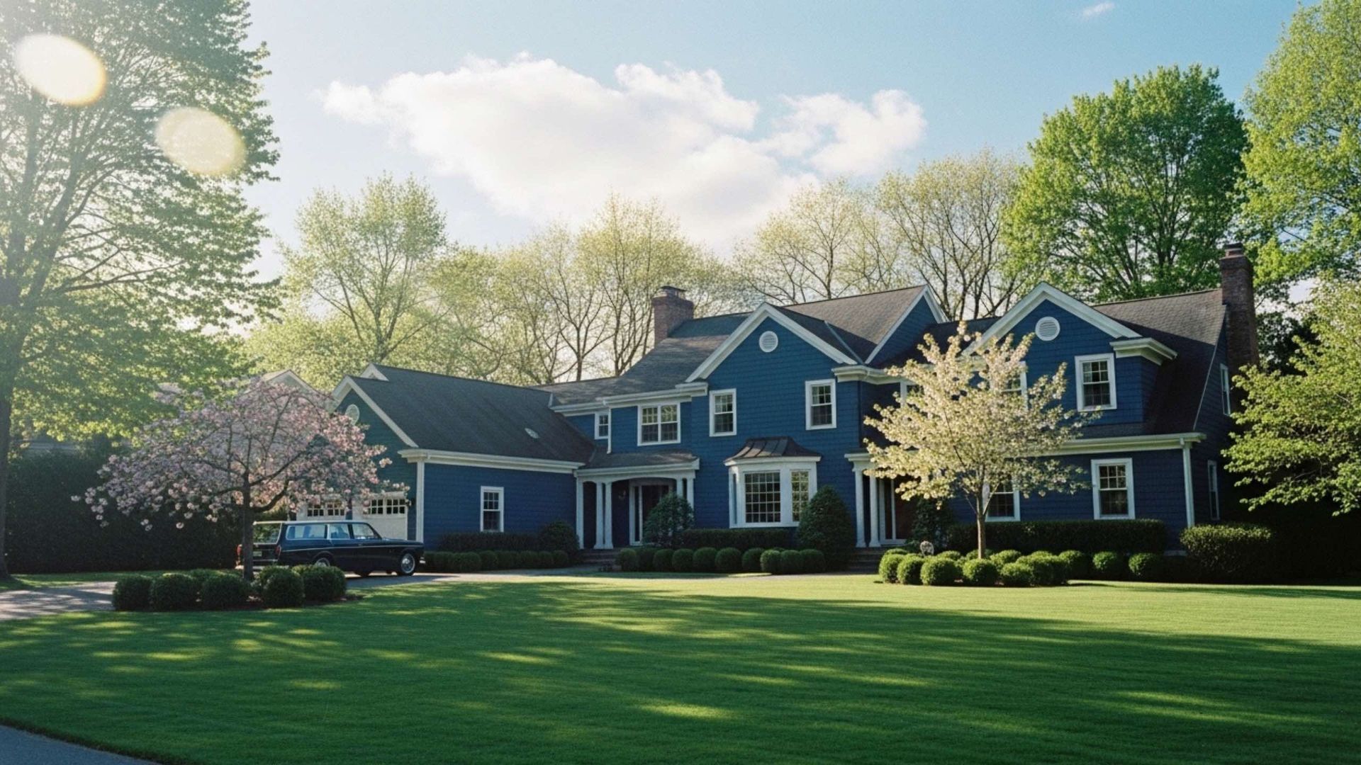 A large, blue, multi-story house sits behind a wide, green lawn under a sunny sky with blooming spring trees.