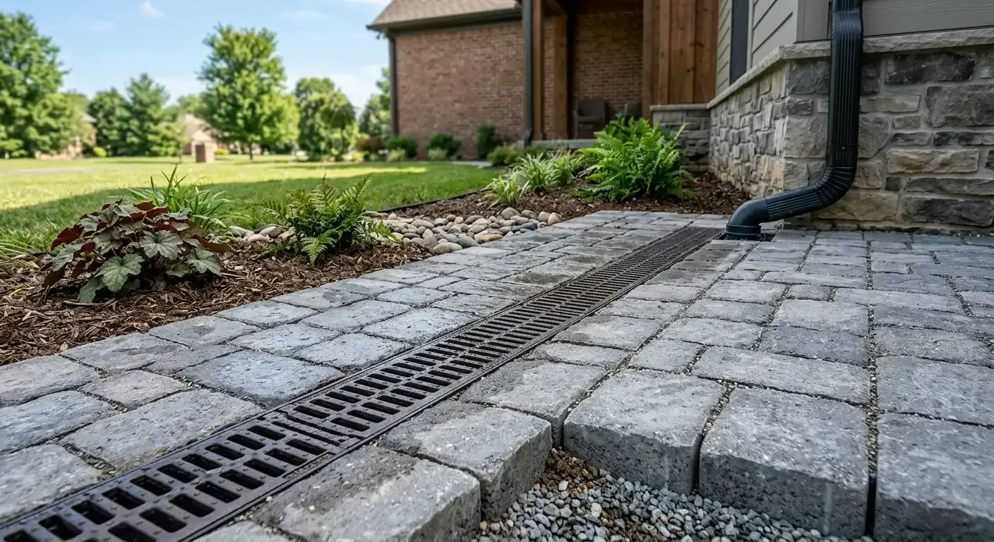 Gray paving stones beside a brick house, with a drainage trench and garden border.
