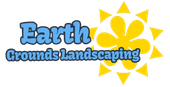 A logo for earth grounds landscaping with a yellow sun