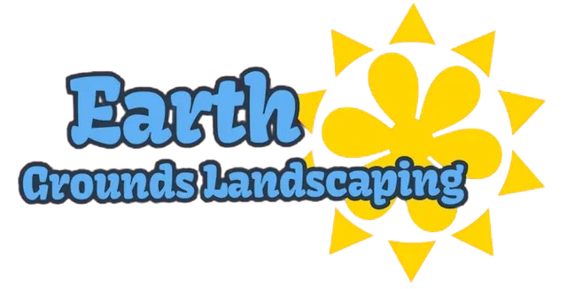 A logo for earth grounds landscaping with a yellow sun