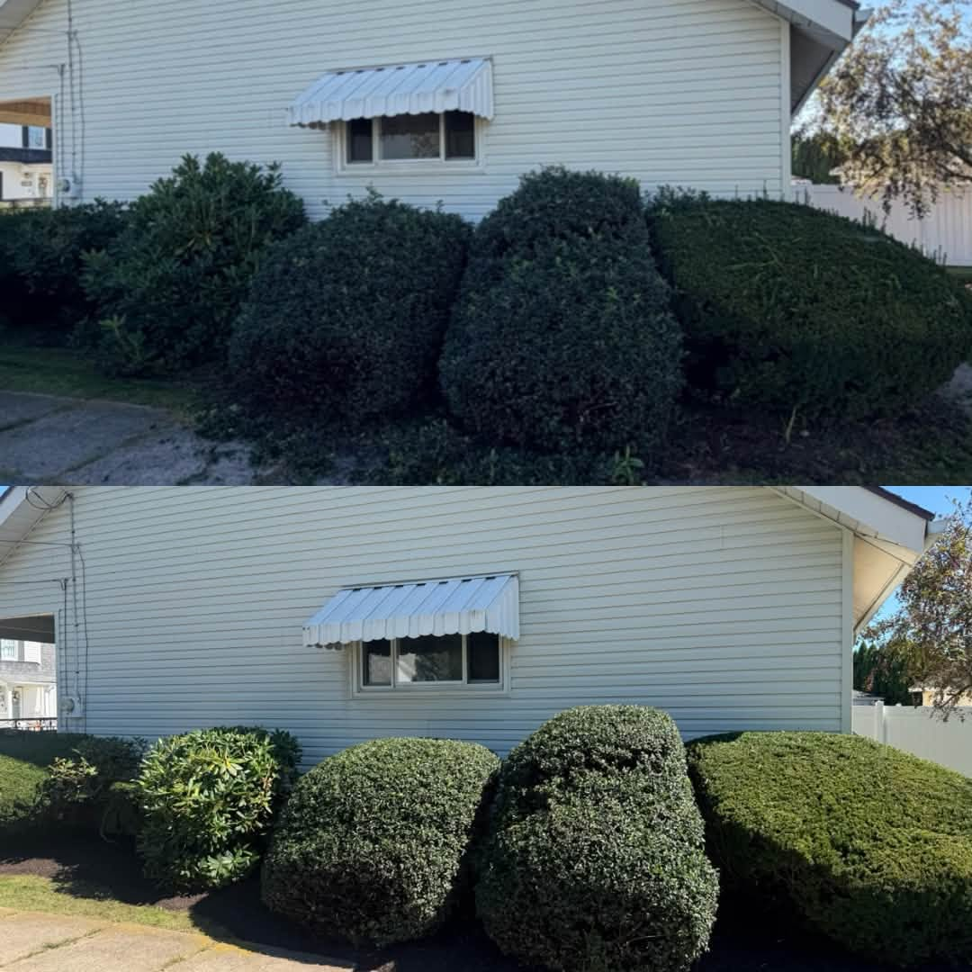Before-and-after view of a house exterior with trimmed green bushes and a small window awning