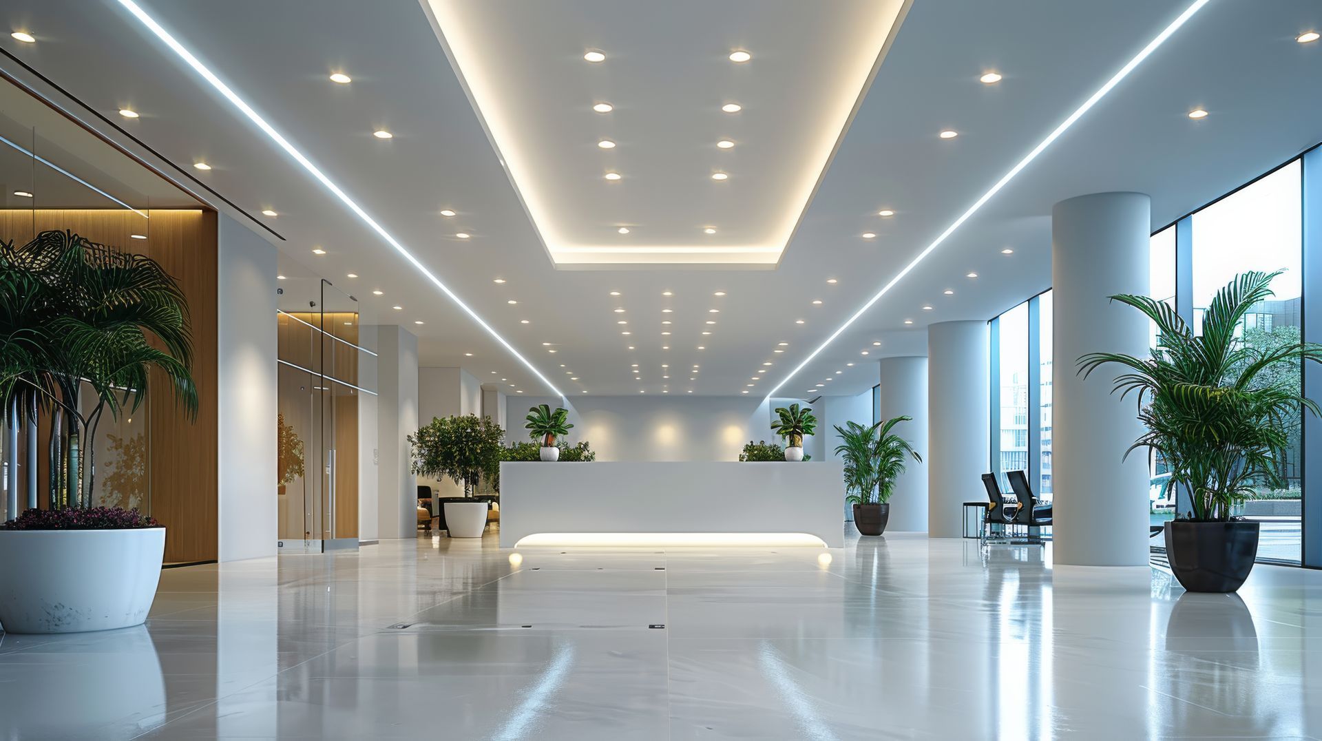 Modern, bright lobby with white marble floor, potted plants, and recessed lighting.